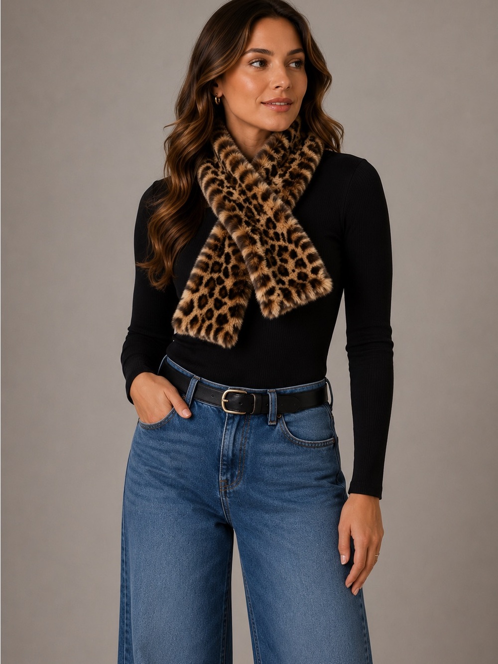 J. Crew Scarf Leopard Animal Print Faux Fur Brown Black Neck Wrap Warmer B24